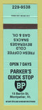 Matchbook Cover - BP oil gas Parker's Montpellier VT