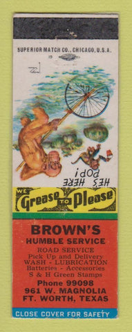 Matchbook Cover - Humble oil gas Brown's Fort Worth TX LAMINATED