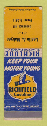 Matchbook Cover - Richfield oil gas Leslie Makyes Onondaga Hill NY WORN