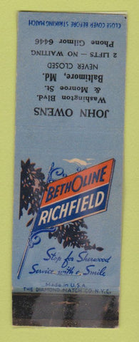 Matchbook Cover - Richfield oil gas John Owens Baltimore MD WEAR LAMINATED