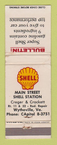 Matchbook Cover - Shell oil gas Main Street Wytheville VA WEAR