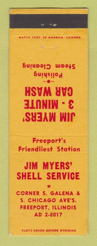 Matchbook Cover - Shell oil gas Jim Myers' Car Wash Freeport IL