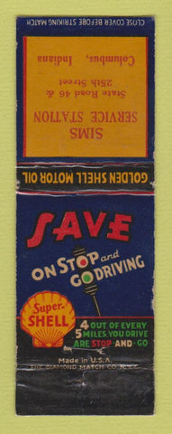 Matchbook Cover - Shell oil gas Sims Columbus IN LAMINATED