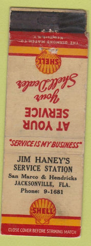 Matchbook Cover - Shell oil gas Jim Haney's Jacksonville FL WORN LAMINATED
