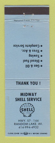 Matchbook Cover - Shell oil gas Midway Service Random Lake WI