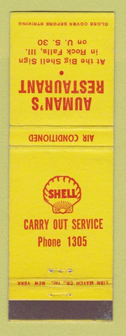 Matchbook Cover - Shell oil gas Auman's Restaurant Rock Falls IL