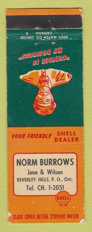 Matchbook Cover - Shell oil gas Norm Burrows Beverly Hills ON WEAR