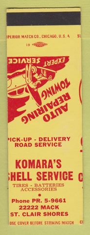Matchbook Cover - Shell oil gas Komara's St Clair Shores MI MISCUT SAMPLE