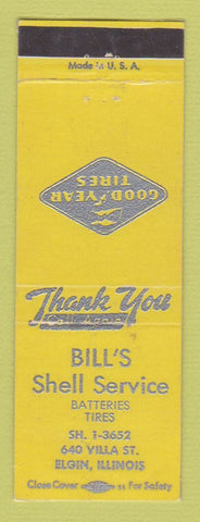 Matchbook Cover - Shell oil gas Bill's Elgin IL Goodyear Tires YELLOW LAMINATED