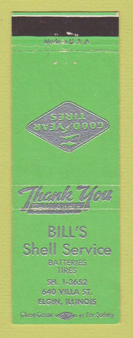 Matchbook Cover - Shell oil gas Bill's Elgin IL Goodyear Tires  GREEN