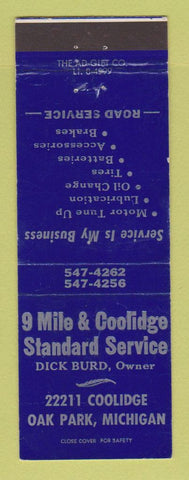 Matchbook Cover - Standard oil gas 9 Mile and Coolidge Oak Park MI BLUE