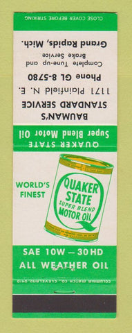 Matchbook Cover - Standard oil gas Bauman's Grand Rapids MI Quaker State