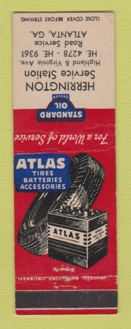 Matchbook Cover - Standard oil gas Herrington Atlanta GA Atlas Tires LAMINATED