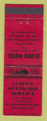 Matchbook Cover - Standard oil gas Cliff's Greenlea WI Elmro Motel LAMINATED