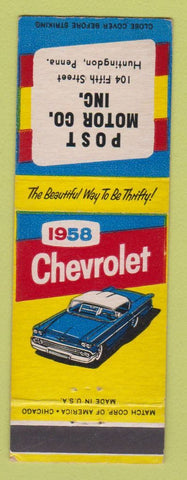 Matchbook Cover - 1958 Chevrolet Post Motors Huntingdon PA