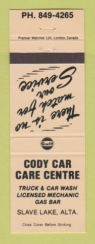 Matchbook Cover - Gulf oil gas Cody Car Care Centre Slave Lake AB