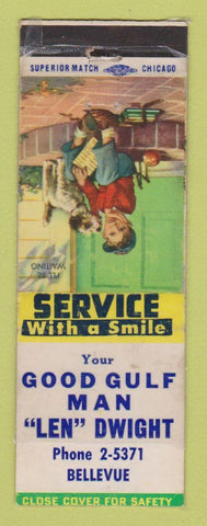 Matchbook Cover - Gulf oil gas Len Dwight Bellevue IL? LAMINATED