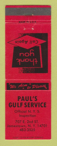 Matchbook Cover - Gulf oil gas Paul's Jamestown NY RED