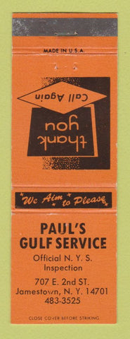 Matchbook Cover - Gulf oil gas Paul's Jamestown NY ORANGE
