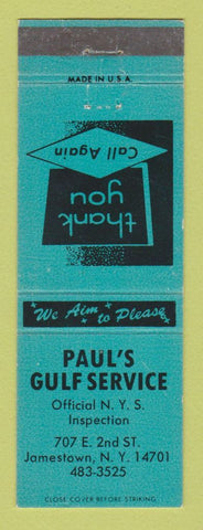Matchbook Cover - Gulf oil gas Paul's Jamestown NY TEAL