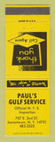Matchbook Cover - Gulf oil gas Paul's Jamestown NY YELLOW