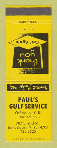Matchbook Cover - Gulf oil gas Paul's Jamestown NY YELLOW