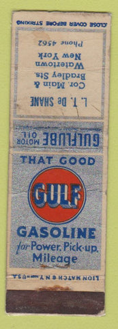 Matchbook Cover - Gulf oil gas LT De Shane Watertown NY WORN LAMINATED