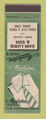 Matchbook Cover - Manhattan Men's Clothes Shirts Sam Lurie Sharon PA