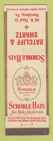 Matchbook Cover Schoble Men's Hats Ratcliff & Swartz Harrisburg PA feature WEAR