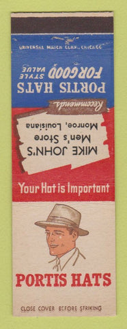 Matchbook Cover - Portis Men's Hats Mike John's Monroe LA