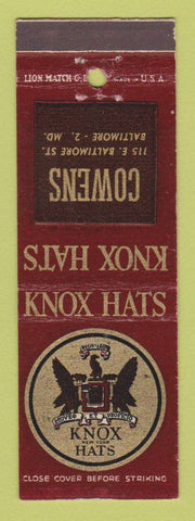 Matchbook Cover - Knox Men's Hats Cowens Baltimore MD