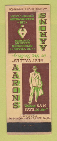 Matchbook Cover - Aarons Men's Clothes Stockton CA WEAR