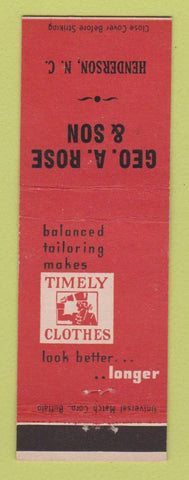Matchbook Cover - Timely Men's Clothes Henderson NC Geo Rose