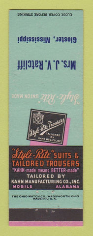 Matchbook Cover - Style Rite Clothes JV Ratcliff Gloster MS