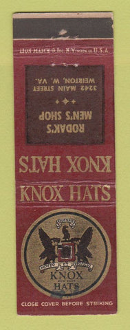 Matchbook Cover - Knox Men's Hats Rodak's Weirton WV