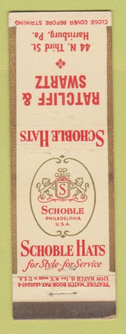 Matchbook Cover Schoble Men's Hats Ratcliff & Swartz Harrisburg PA feature WEAR