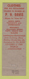 Matchbook Cover - PH Davis Men's Clothes Seeley's Rapid City SD