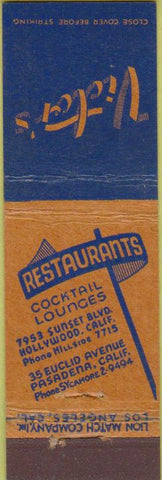 Matchbook Cover - Victor's Pasadena CA Midget