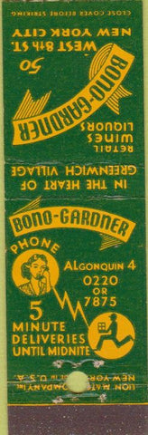 Matchbook Cover - Bono Gardner New York City liquor Midget