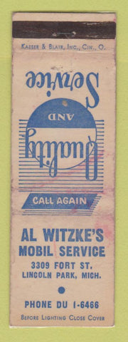 Matchbook Cover - Mobil oil gas Al Witzke's Lincoln Park MI WORN LAMINATED