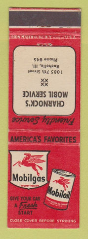 Matchbook Cover - Mobil oil gas Charnock's Rochelle IL low phone #