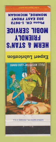 Matchbook Cover - Mobil oil gas Herm & Stan's Monroe MI hillbilly LAMINATED