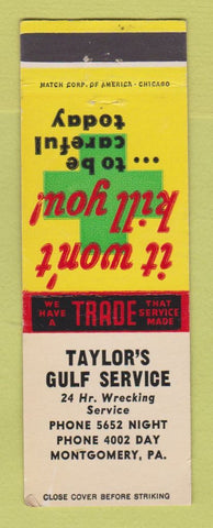 Matchbook Cover - Gulf oil gas Taylor's Montgomery PA