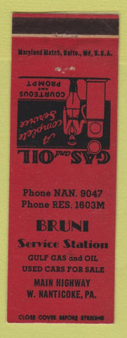 Matchbook Cover - Gulf oil gas Bruni West Nanticoke PA LAMINATED