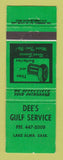 Matchbook Cover - Gulf oil gas Dee's Lake Alma SK WEAR GREEN
