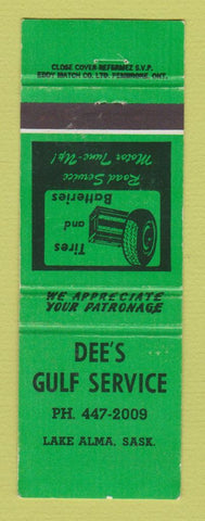 Matchbook Cover - Gulf oil gas Dee's Lake Alma SK WEAR GREEN