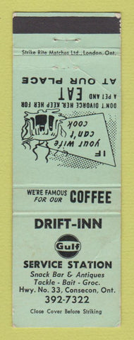 Matchbook Cover - Gulf oil gas Drift Inn Consecon ON OWRN