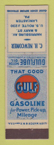 Matchbook Cover - Gulf oil gas CH Newcomer Lancaster PA LAMINATED