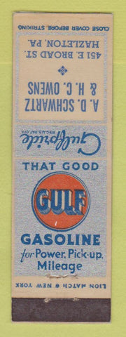 Matchbook Cover - Gulf oil gas AD Schwartz HC Owens Hazleton PA LAMINATED
