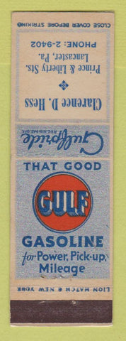 Matchbook Cover - Gulf oil gas Clarence Hess Lancaster PA LAMINATED